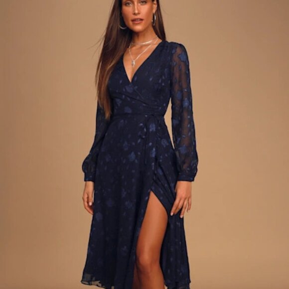 Nwt Lulus Evening of Elegance Navy Blue Floral Jacquard Wrap Dress Sz M - Picture 1 of 6